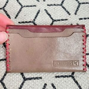 Pikolinos Unisex Taupe Brown w Wine Red Accent Leather Credit Card Holder Wallet